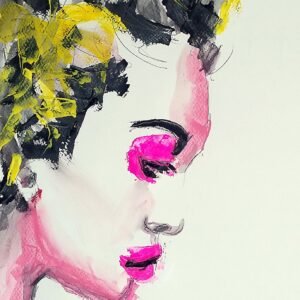 Ritratto astratto Rita Pop di Ilaria Berenice: vivace stampa Fine Art con contrasti di rosa neon, giallo e nero, edizione limitata a 50 copie.