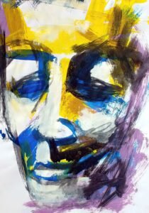 Archetypal Vision. Ritratto astratto con pennellate intense di giallo, blu, viola e nero – stampa fine art in edizione limitata di Ilaria Berenice