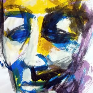 Archetypal Vision. Ritratto astratto con pennellate intense di giallo, blu, viola e nero – stampa fine art in edizione limitata di Ilaria Berenice