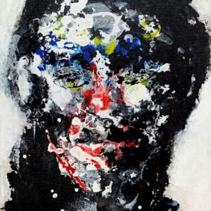 Mysterious di Ilaria Berenice – ritratto espressionista astratto in rosso, nero, blu e bianco, stampa fine art di lusso