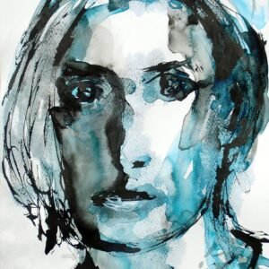 Ritratto astratto Ethereal Gaze di Ilaria Berenice – Stampa fine art giclée in edizione limitata nei toni del turchese e del nero.