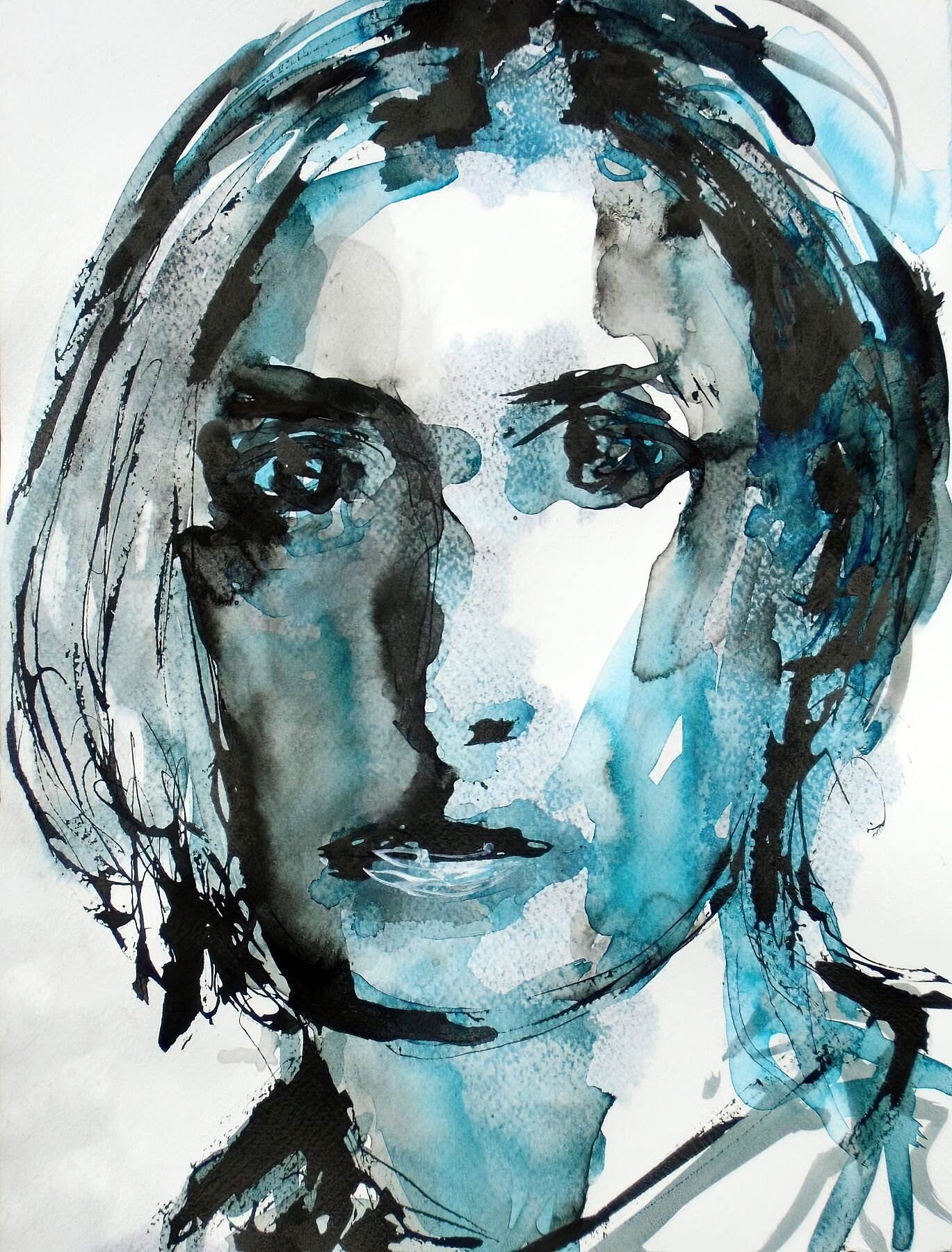 Ritratto astratto Ethereal Gaze di Ilaria Berenice – Stampa fine art giclée in edizione limitata nei toni del turchese e del nero.