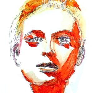 Ritratto astratto Orange Face – stampa fine art in edizione limitata su sfondo bianco con vivaci toni arancioni e rossi di Ilaria Berenice.