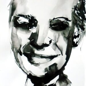 Ritratto astratto Silent Smile in inchiostro bianco e nero di Ilaria Berenice, stampa Fine Art in edizione limitata.