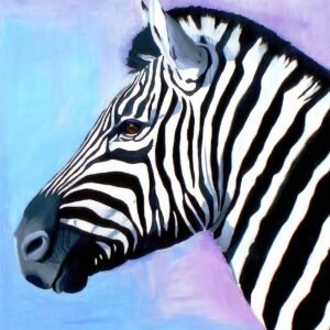 Striped Harmony – Dipinto originale di una zebra di Ilaria Berenice, dipinto a olio su tela.