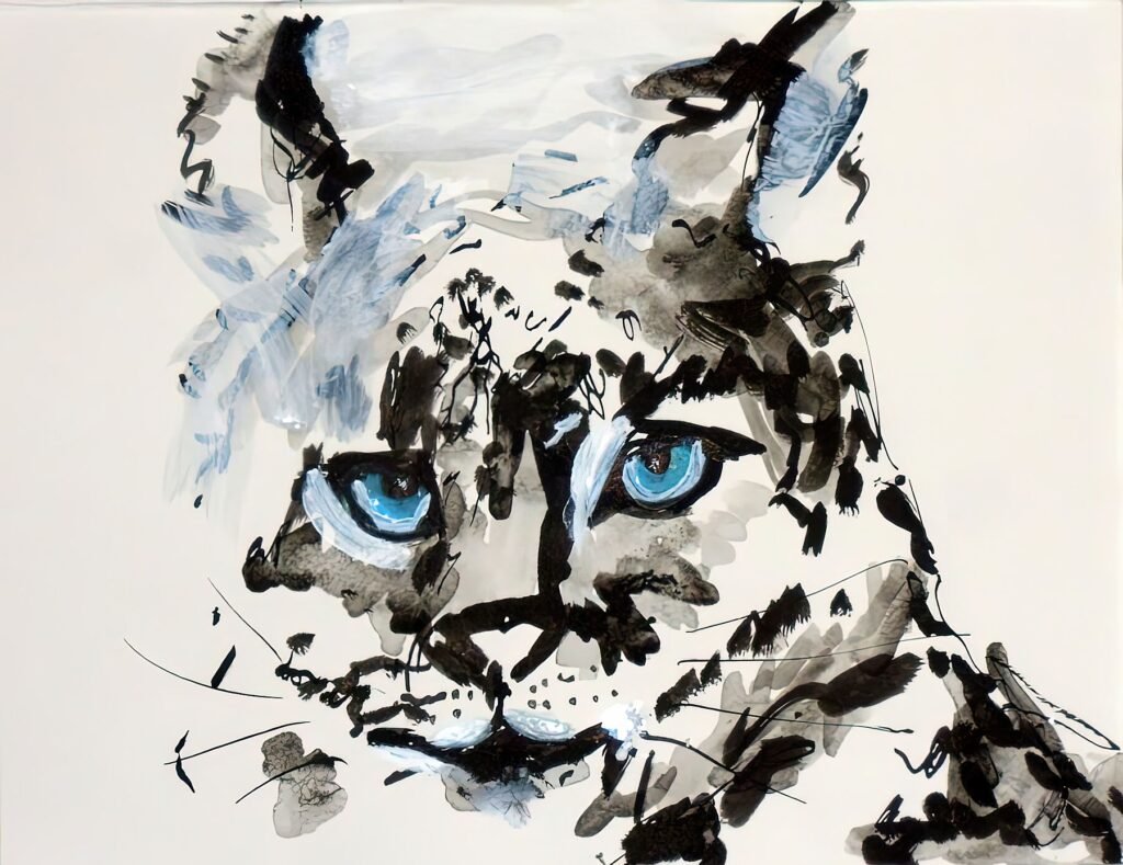 Eyes of Winter – Original snow leopard painting by Ilaria Berenice, mixed media on canvas.
