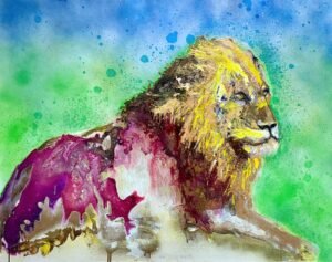 Sovereign Lion – Original painting by Ilaria Berenice, powerful lion portrait in mixed media on wood