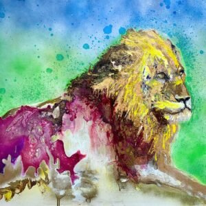 Sovereign Lion – Dipinto originale di Ilaria Berenice, potente ritratto di leone in tecnica mista su legno