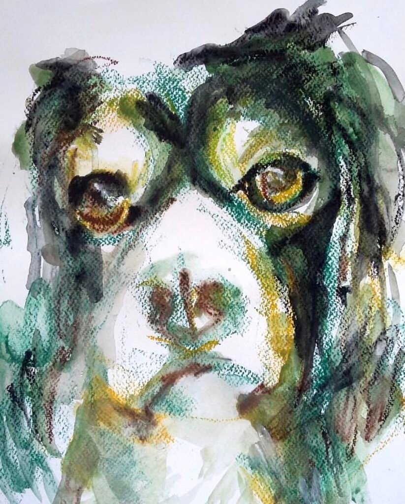 Expressive hand-painted dog portrait in pastels and ink by Ilaria Berenice