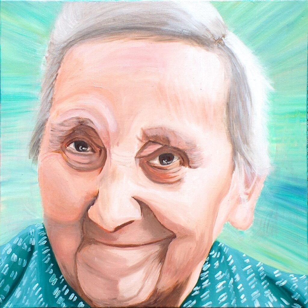 Warm and realistic oil painting of an elderly woman by Ilaria Berenice